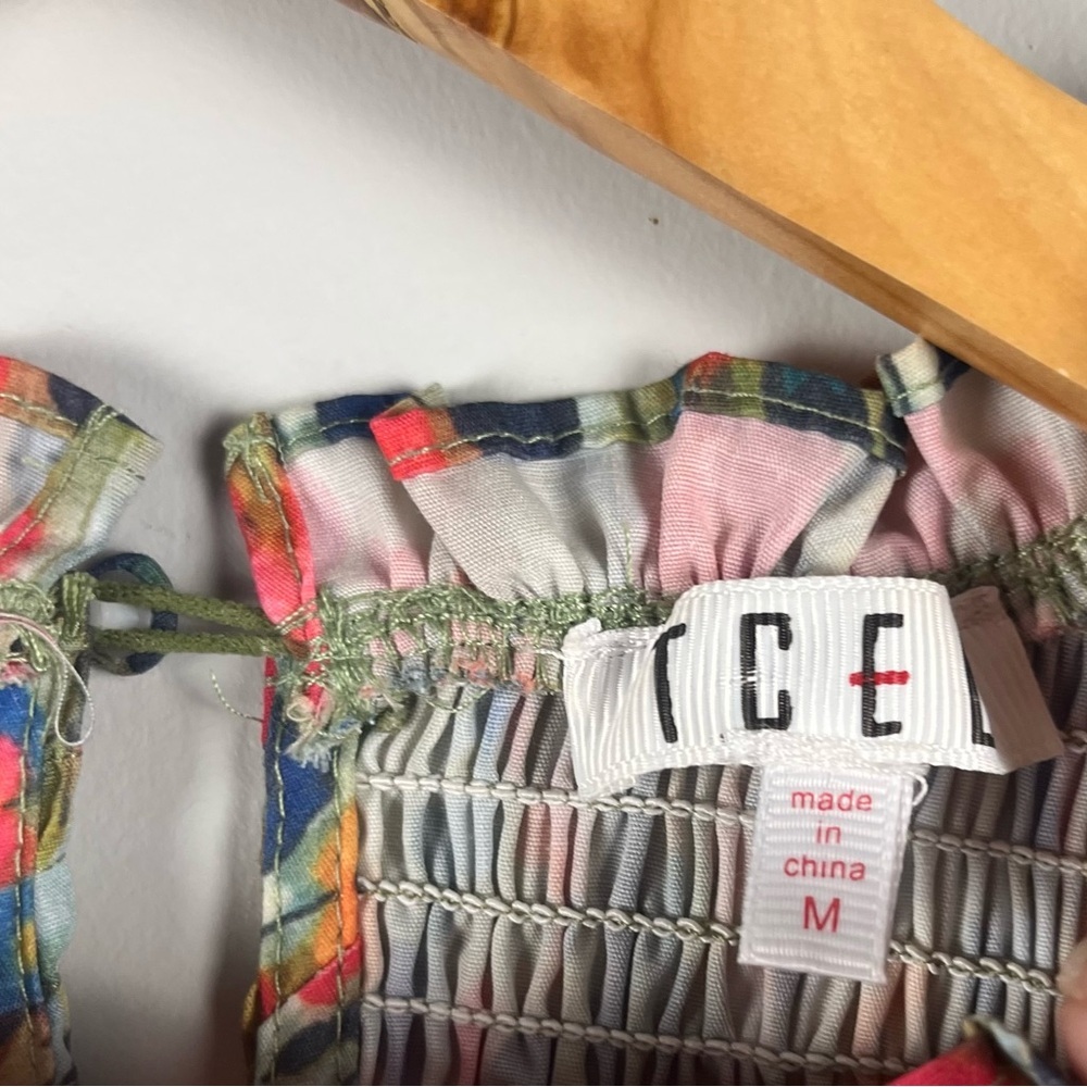 TCEC GREEN FLORAL SMOCK TOP puff sleeve cotton size medium - Picture 3 of 7